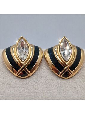 Swarovski Dark Green & Clear Marquise Crystal Earrings Gold Plated Vintage SAL